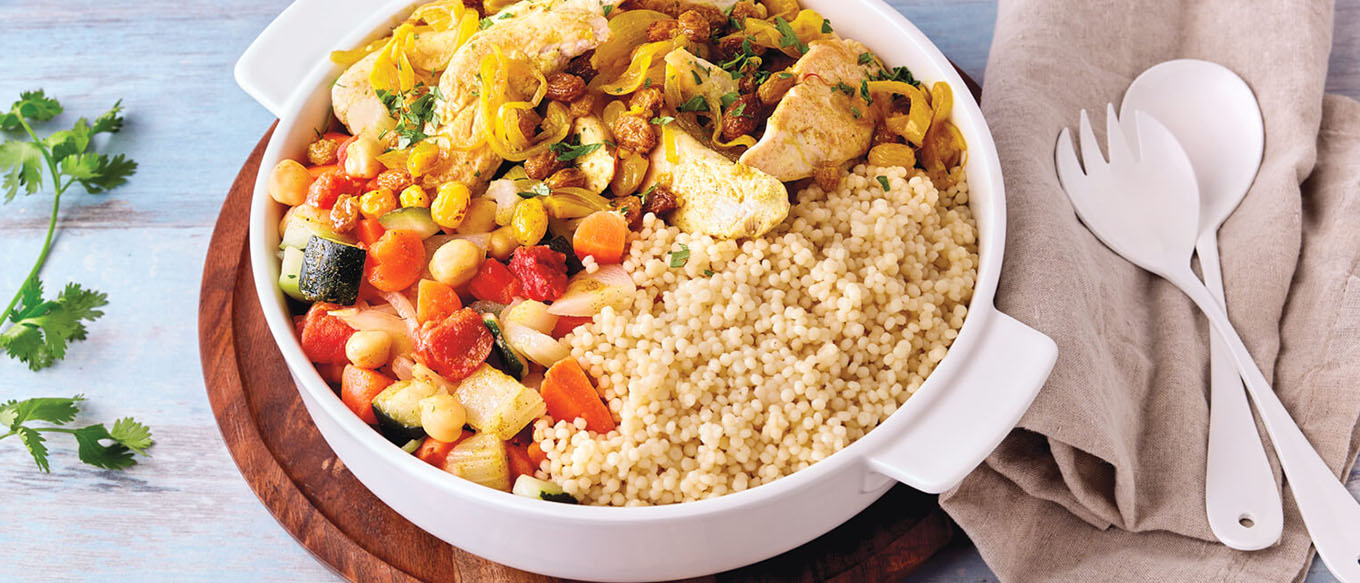 COUSCOUS EN PERLES EBLY® AU POULET, OIGNONS ET RAISINS SECS